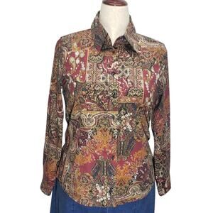 Coldwater Creek Paisley Floral Button Up Shirt Burgundy Stretch Cotton Women’s M